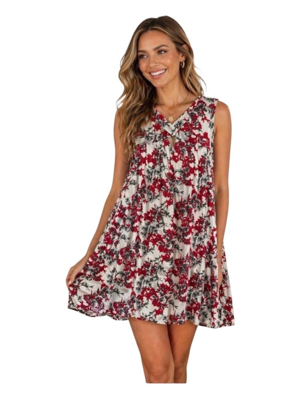 Entro Floral Babydoll Swing Dress Size Large Boho Red Ivory Sleeveless Boutique